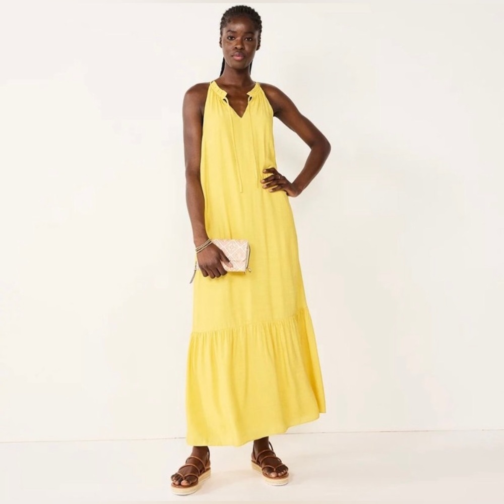Nine West Women Size Large Yellow Tiered Peasant Maxi Dress